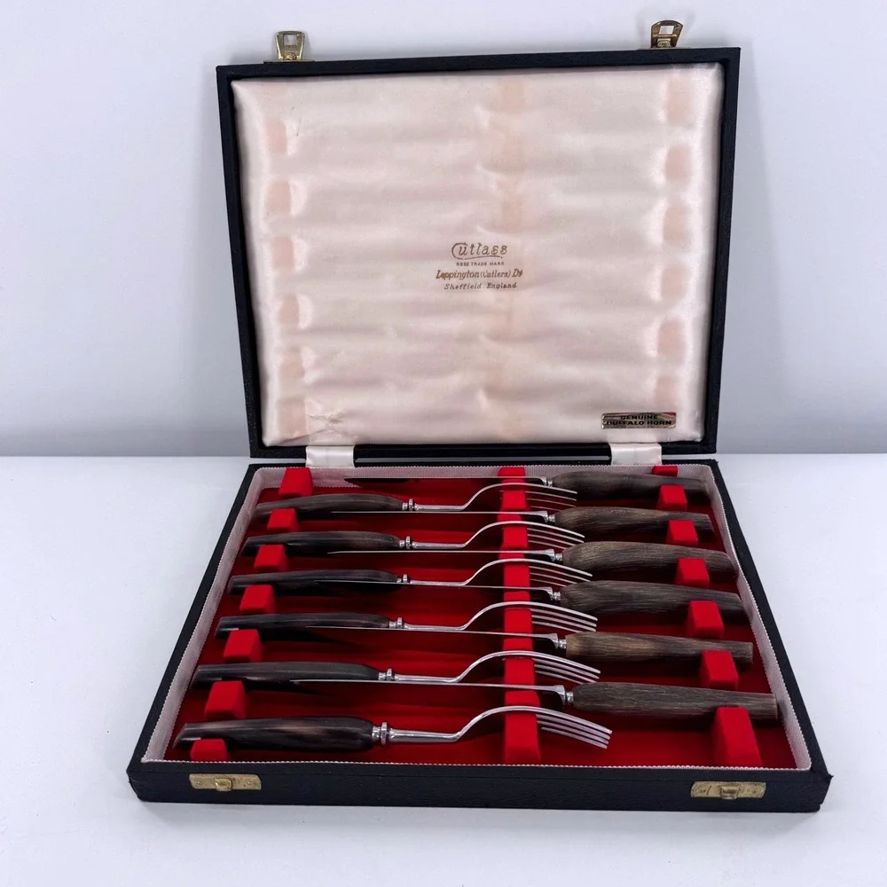 Cutlass Leppington Steak Knife Fork Set 12pc Buffalo Horn Sheffield England Case